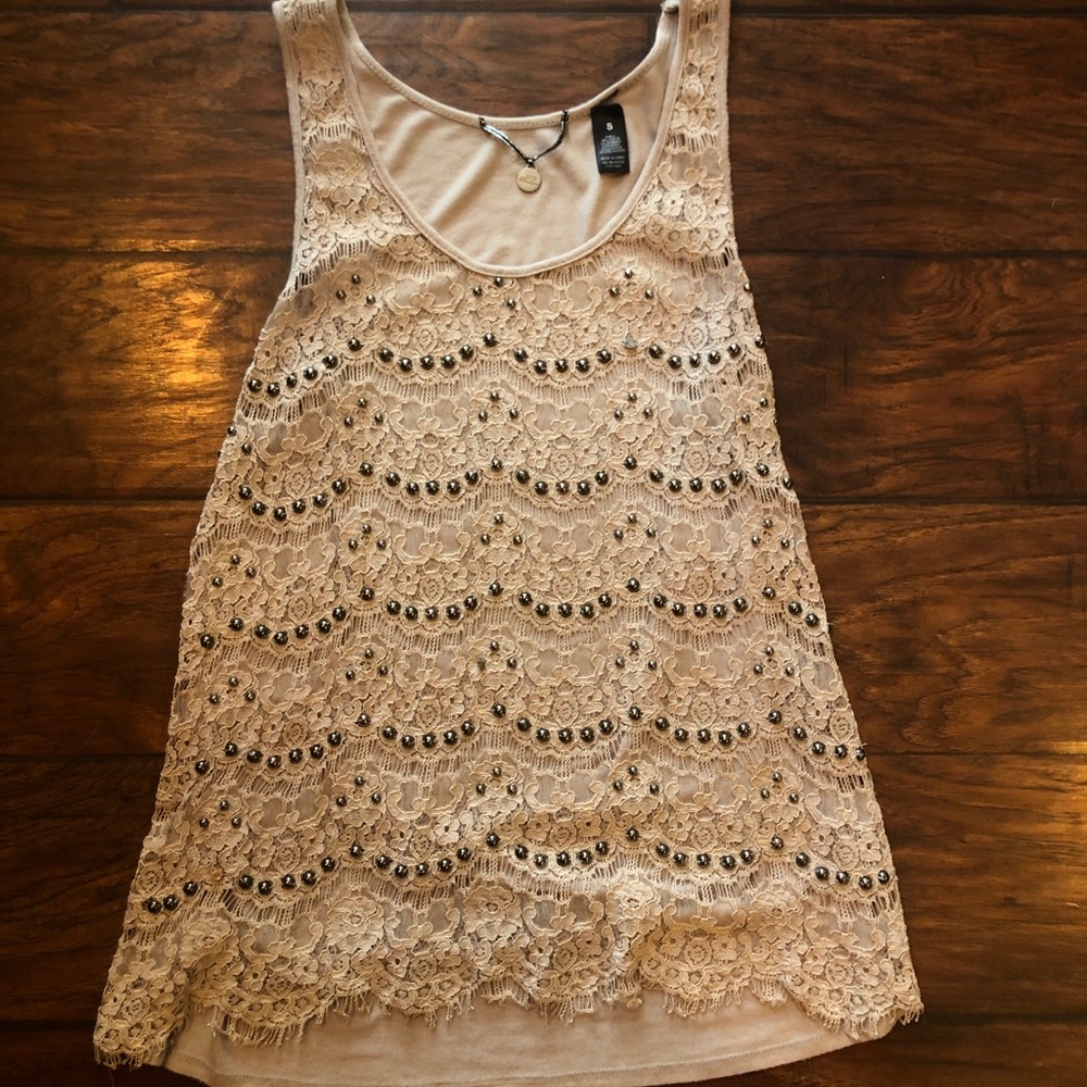 Lace Tank Top with Gunmetal Beading Detail